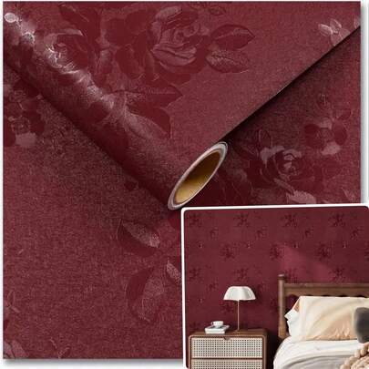 1 Roll Red Rose Floral Pattern Contact Paper, Waterproof Removable Wallpaper For Living Room, Bedroom, Furniture, Easy To Install DIY Wall Decor, Autumn