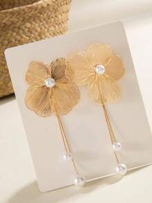 1 Pair Minimalist Elegant Gold Flower & Pearl Pendant Earrings, Unique Jewelry Gift Suitable For Dates And Gatherings - Multicolor - View 6