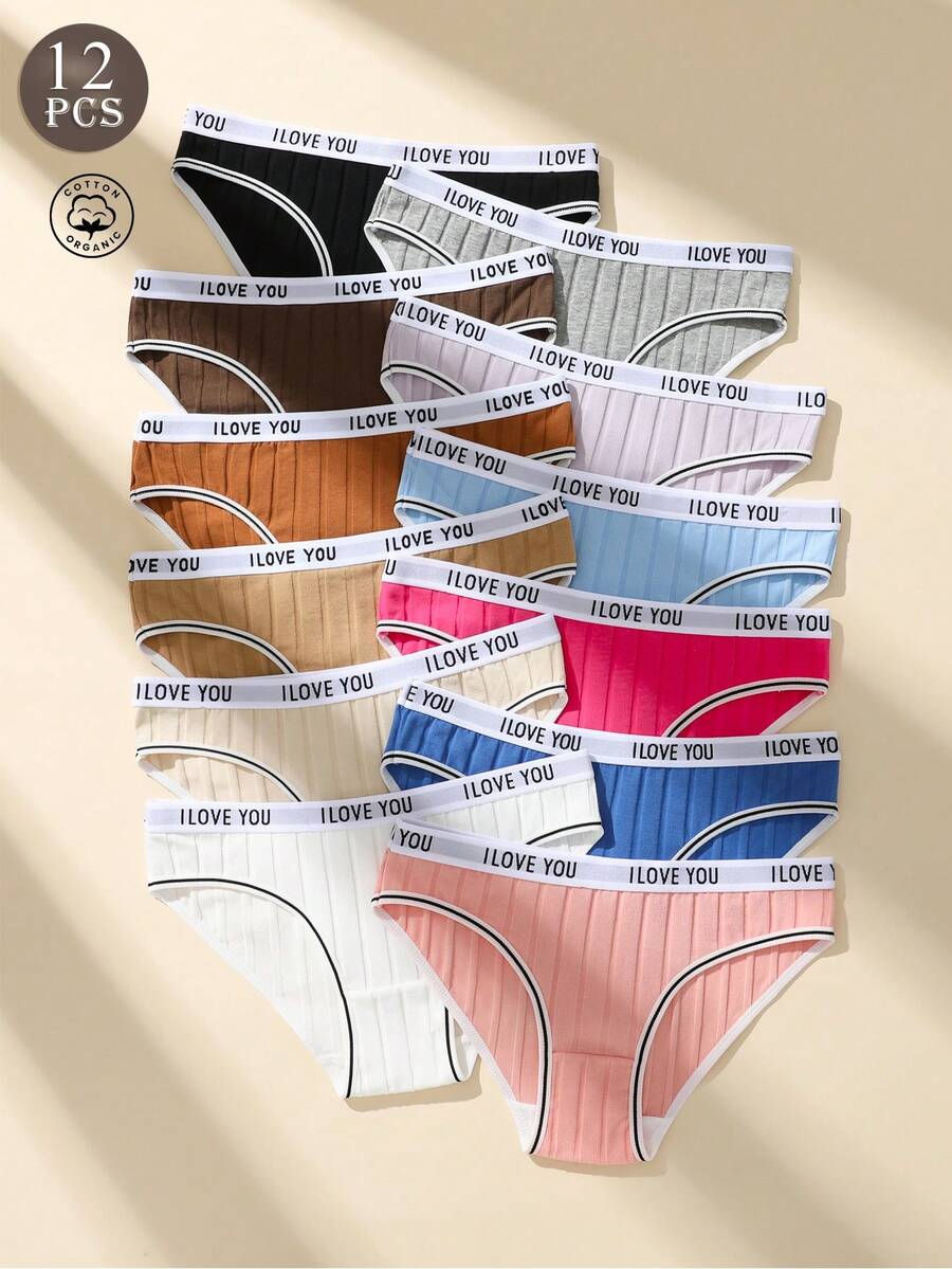 12 chiếc quần lót nữ bằng cotton, cạp quần in chữ, co giãn, mềm mại, thoáng khí, quần lót thể thao nữ. - Nhiều màu - Xem 1