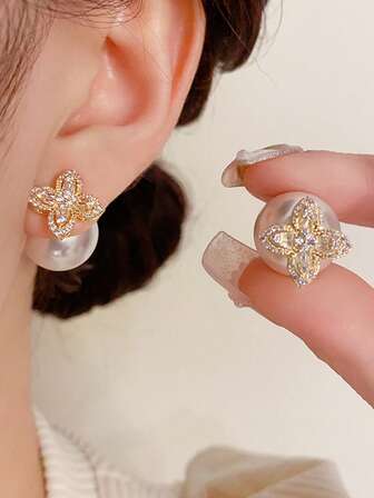 1쌍 고급 클로버 큐빅 지르코니아 & 진주 스터드 귀걸이, 여성 결혼식, 공식 파티 주얼리, 저자극성 구리 소재, 이상적인 선물