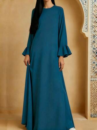 Elegantes langes Kleid für Damen, lange Glockenärmel, einfarbiges Kleid mit Rundhalsausschnitt, Kleid im Stil des Nahen Ostens, Muslimisches Abaya