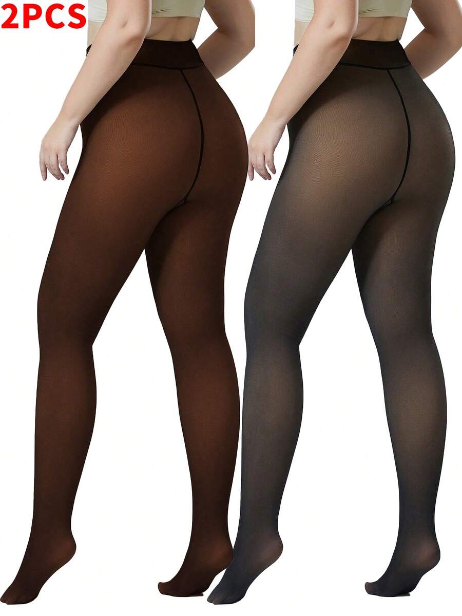 2 Piece Of Women's 200g Wool Lined Tights, Warm Pantyhose, Imitation Translucent Tights, Warm Transparent Thick Leggings, Suitable For Daily Wear At Home, Office, Etc. In Winter With A Temperature Of 15~0℃ - 黑色+焦糖色 - 查看 1