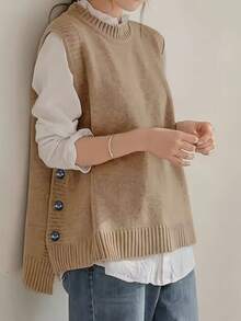 纯色绞花针织背心，休闲无袖圆领开衩下摆上衣，女装 - 卡其色 - 查看 4