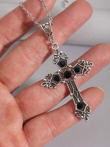Dây chuyền mặt dây chuyền hình thánh giá phong cách Gothic tối giản cổ điển với đá quý đen và đỏ dành cho nam giới - Bạc - Xem 2