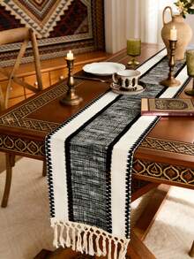 1 Piece Middle Eastern Islamic Style Geometric Zigzag Woven Table Runner, Black/White/Yellow Pattern With Fringed Edge, Durable Woven Material Table Decor, Ideal For Ramadan Festival & Traditional Dining Room, Matching With Carved Wooden Table & Copper Tea Set To Create Rich Cultural Atmosphere - Multicolor - View 16