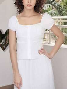 Women Square Neck Button Front Ruched Bust Slim Fit Cap Sleeve T-Shirt Summer Casual Y2K  Top - White - View 4