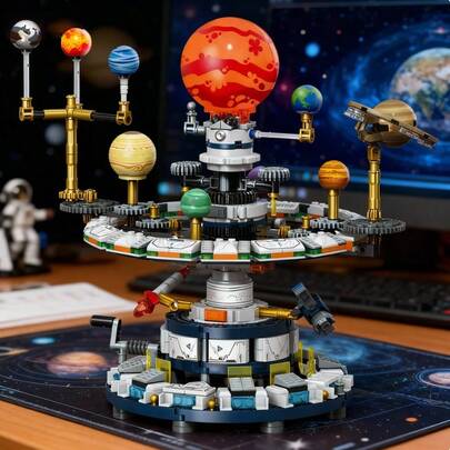 1000+ PCS, Small Building Blocks, Solar System Rotating Platform Model, Technic Gear Planet Rotation, Educational Toy, Birthday Gift, Christmas Present