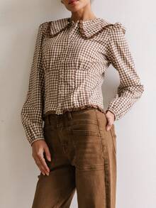 Women Y2k Babydoll Gingham Shirt Peter Pan Collar Long Sleeve Blouse Button Down Tops Cute Pleated T-Shirt - Cà phê nâu - Xem 2