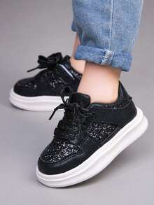 1 Pair Unisex Glitter Flat Sneakers, Soft Sole Non-Slip Infant Casual Walking Shoes, Fashion Versatile Children Outdoor Running Shoes, Suitable For All Seasons - Black - View 6