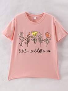 Girls Floral Slogan Print Round Neck Short Sleeve T-Shirt, Casual Spring/Summer Children Clothing - Pink - View 2