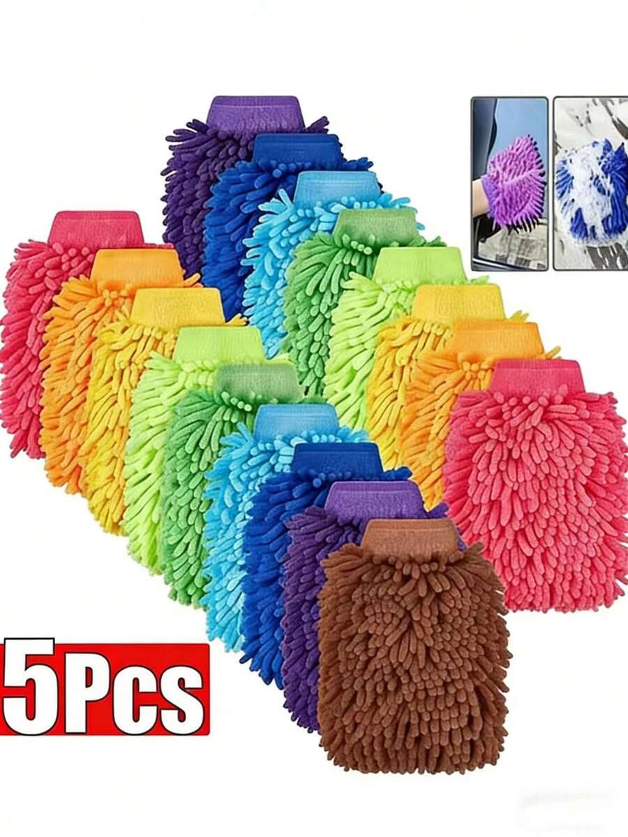 1/5pcs Premium Soft Chenille Car Wash Gloves - Double-Sided Plush Microfiber, Non-Scratch Cleaning Gloves, Suitable For Car Washing, Auto Detailing, Trucks, Boats | High-Quality Auto Cleaning Accessories, Car Wash Supplies - Random Color - View 1