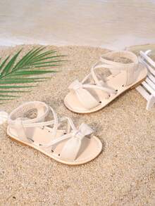 Giày sandal mùa hè cho bé gái, kiểu La Mã mới, sandal đế bằng thoải mái cho trẻ em, giày đi biển hở mũi in họa tiết, đế mềm cho bé gái và trẻ nhỏ. - Màu be - Xem 4
