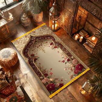 1pc Soft Thick With Red Floral Pattern, Ideal For Study Rooms, Halls, Ramadan Activities, Foldable , Rectangular Shape For Bedroom/Porch Use, - Ideal Gift For Women & Men, Home Decor