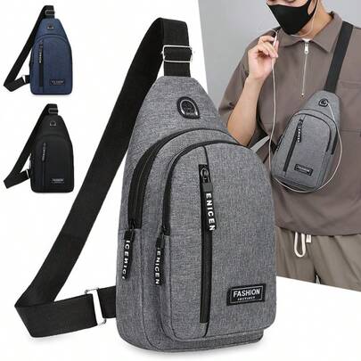 Black Nylon Casual Crossbody Bag, Multi-Functional Crossbody Bag With Headphone Hole, Suitable For Hiking, Running, Cycling And Various Occasions. Lightweight Shoulder Bag, Waist Bag, Crossbody Bag, Chest Bag, Beach Bag, Gym Bag, Bicycle Bag, College Freshman Bag, Multi-Purpose Dorm Bag, College Gift, Autumn Christmas Gift For Men, Waist Bag, Valentine's Day Gift, Gift For Boyfriend, Gift For Men