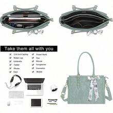 MOSISO Laptop PU Cuero Tote Bolsa para Mujer15.6-16 Pulgadas Compatible con MacBook HP  Asus Portátil Frente en Relieve Retro Hibiscus Bolsa con Bufanda de SedaandMonedero Pequeño Verde Antiguo - Multicolor - Ver 3