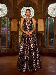 Faeriesty 女士正式晚礼服，方领设计，豹纹印花，荷叶边装饰，A字裙摆，优雅修身，适合周年庆典、新年派对、婚宴、节日庆典、盛大晚宴、情人节、新年春日派对等场合。 - 棕色 - 查看 8