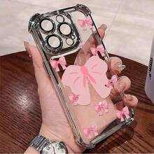 1pcs Pink Bow Pattern Phone Case 1pcs Compatible with Apple Phone17 16 15 14 13 12 11 ProMax Silicone Antidrop Phone Case Girlish Style Minimalist Aesthetic Cute Fashion Can Be Given To Friends Can Be Given To A Lover - Plateado - Ver 1