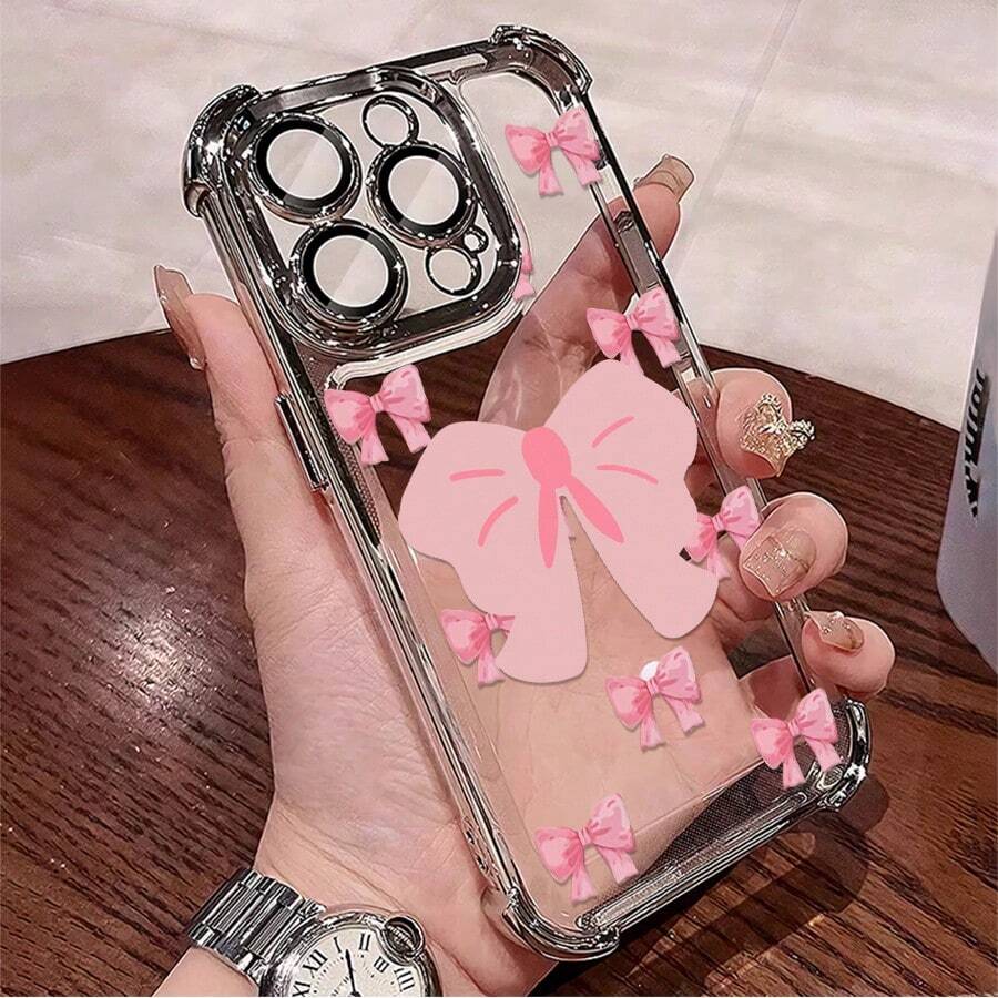 1pcs Pink Bow Pattern Phone Case 1pcs Compatible with Apple Phone17 16 15 14 13 12 11 ProMax Silicone Antidrop Phone Case Girlish Style Minimalist Aesthetic Cute Fashion Can Be Given To Friends Can Be Given To A Lover - Plateado - Ver 1