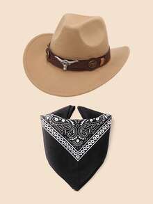 2 Pcs Kids Western Cowboy Costume Set – Classic Rolled Brim Felt Cowboy Hat & Paisley Bandana For Boys Girls (Ages 3-12) - (Cow Head) + Black Square Scarf - View 16