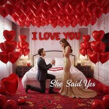 61件組情人節 I Love You 氣球套組－紅色仿真花瓣＋18吋紅色愛心鋁箔氣球＋10吋紅色乳膠氣球，適合情人節求婚、浪漫裝飾、婚禮佈置、飯店房間裝飾、紅色背景牆裝飾 - 彩色 - 查看 2