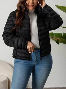 Women's Minimalist Hooded Down Jacket With Pockets, Suitable For Spring, Autumn And Winter - Black - View 4