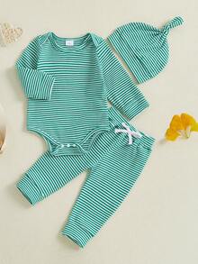 Conjunto de 3 piezas para bebé niño primavera otoño, mono de manga larga con cuello redondo a rayas + pantalón + gorra, ropa de ocio sencilla, ideal para 0-18 meses, perfecto para primavera otoño y uso diario infantil. - Verde - Ver 4
