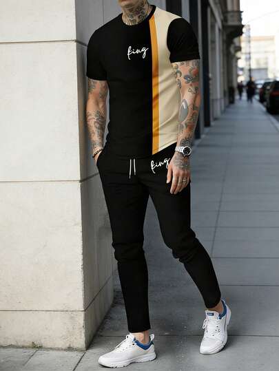 Conjunto de camiseta de cuello redondo de manga corta y pantalones con estampado de moda para hombre