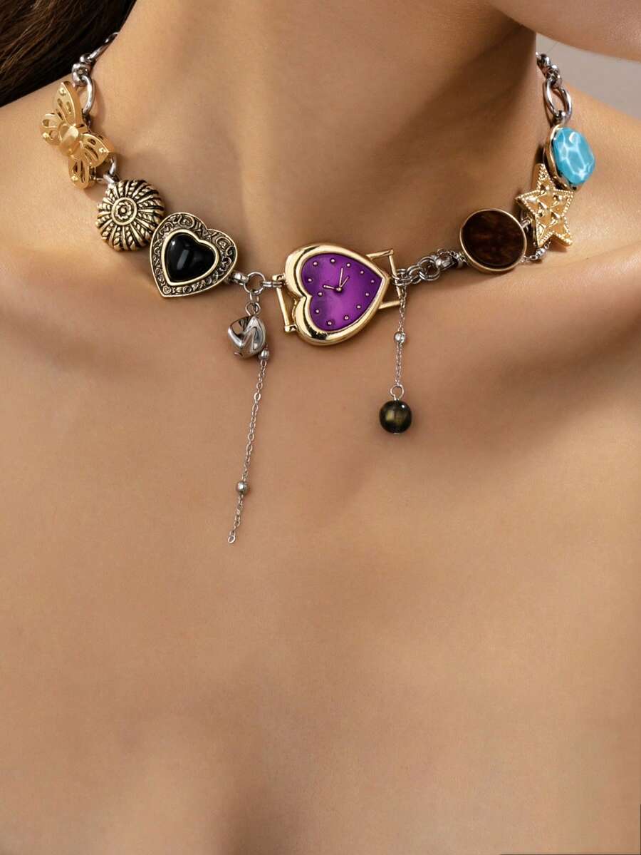 1 pieza Collar con múltiples elementos de estilo Y2K con dijes de reloj/corazón/estrella/mariposa de imitación, collar con dijes de moda para mujeres, regalo ideal para el Día de San Valentín (Diseño de reloj de imitación, significado: Congela el tiempo en el momento talla grande hermoso, deja los recuerdos talla grande dulces) - Corazón morado - Ver 1