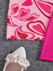 2pcs/Set Girls' Heart Print Sleeveless Ribbed Casual Dress, Outdoor - Hot Pink - View 8