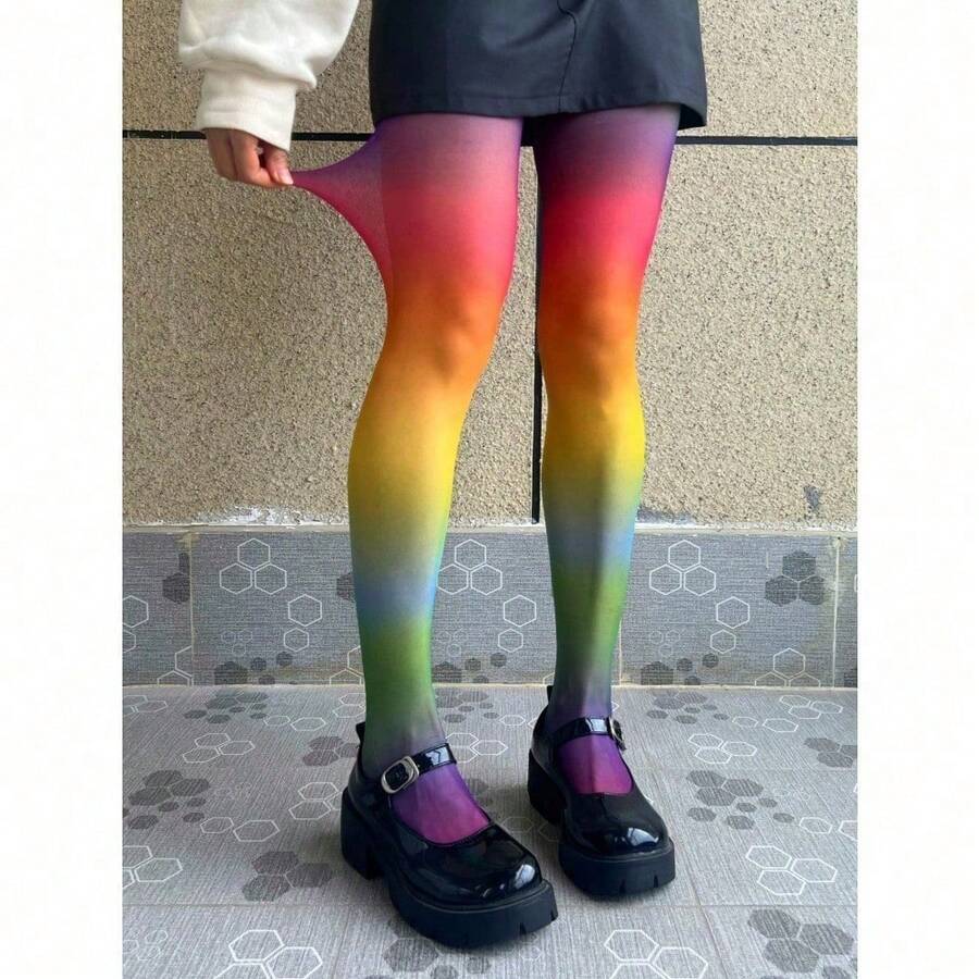 1 Pair Rainbow Color Polyester Tights, Suitable For Dates, Birthdays, Parties, Performances, Singles' Parties, All Seasons - 彩色 - 查看 1