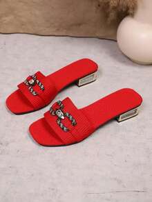 Women's New Fashion Red Rhyme Square Rhinestone High Heel Sandals, Fashionable & Versatile, Comfortable & Easy To Slip On, Suitable For Shopping, Dating, Commuting, Party, Banquet And Various Occasions - Red - View 4