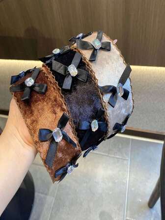 Snyggt brett pannband med spets och strassdekor, mångsidigt hårband med rosett för moderiktiga kvinnor