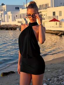 Vestido elegante de fiesta sin mangas, con cuello halter, cordones, espalda descubierta y ajustado a la figura - Negro - Ver 3