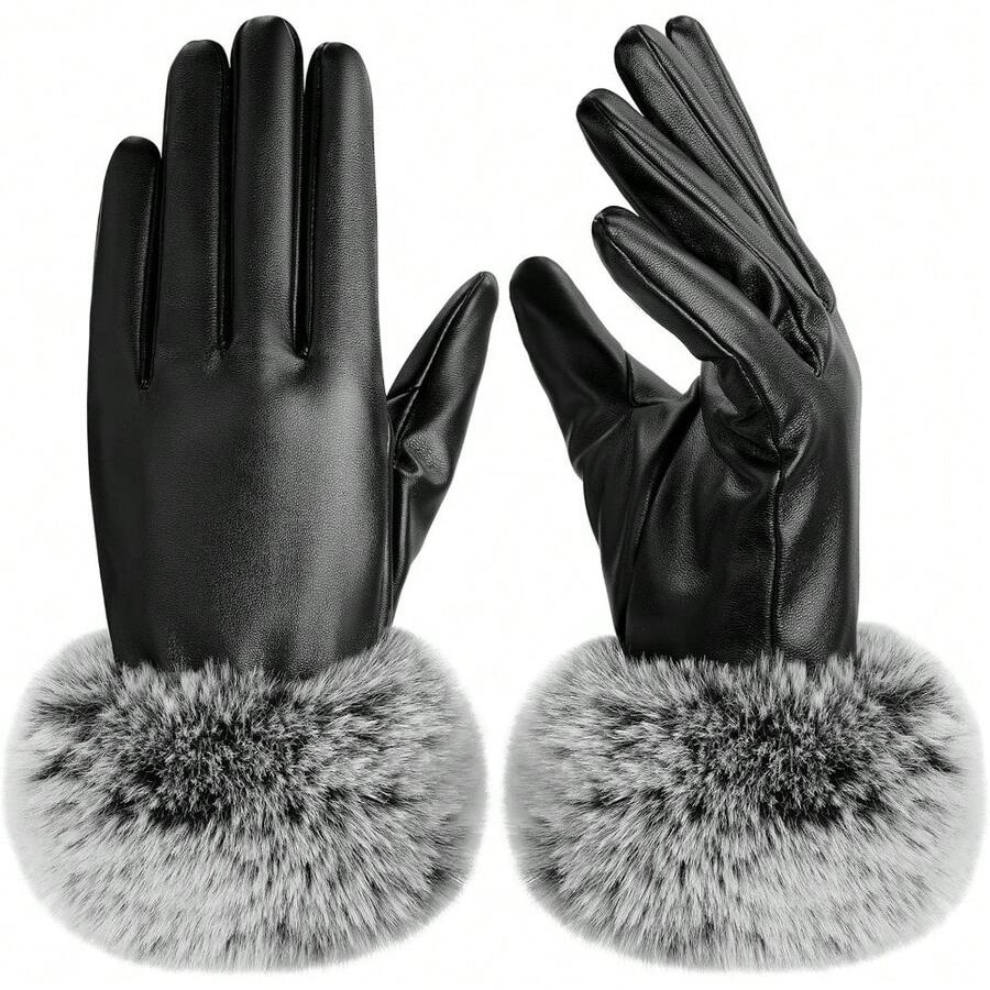 Womens Leather Gloves,Winter Black PU Leather Gloves For Women Touchscreen Fur Cuff Warm Soft Driving Texting Glove - 黑白 - 查看 1