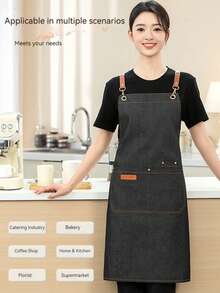 1pc Waterproof & Oil-Resistant Apron With Large Pocket, Polyester Anti-Stain Kitchen Apron, Adjustable Neck Strap, Waterproof & Splash-Proof, Widened Strap, Suitable For Cooking, Household, Restaurant, Craft, Garden, BBQ, School, Cafe, Unisex, Holiday Gift - Black - View 6