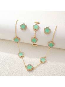 Bộ trang sức 4 món kiểu Ins-Style hình cỏ ba lá khảm vỏ sò nhiều màu sắc và đính đá rhinestone, mạ vàng (dây chuyền + vòng tay + bông tai), phụ kiện thời trang đa năng dùng hàng ngày. - bộ đồ - Xem 3