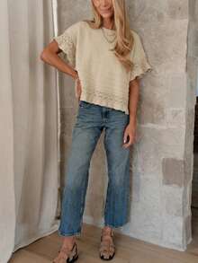 Womens Ruffled Sleeve Sweater Round Neck Knit Crochet Pullover Summer Fall Casual Top Blouse - 卡其色 - 查看 4