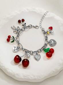 1条可爱樱桃手链，简约百搭心形蝴蝶结流苏手链，节日、生日优雅礼物 - 彩色 - 查看 4