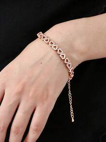 1件装奢华立方氧化锆心形可调节手链，简约优雅闪亮新娘礼物 - 玫瑰金 - 查看 2