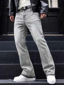 BAZR Men's Flared Jeans, Slim Fit Distressed Flare Leg Jeans, Y2K Stacked Jeans, Contrast Wash Embroidered Jeans, Suitable For All Seasons - Grey - View 3