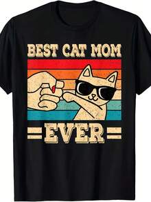 New Limited Edition Funny Cat Mom Graphic T-Shirt - Retro Vintage Cat Lover Tee With "Best Cat Mom Ever" Slogan & Paw Print Design - Soft Everyday Shirt For Women & Men - 黑色 - 查看 1