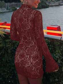 Đầm dự tiệc mini ôm sát tay loe ren rỗng dành cho nữ, thanh lịch, thích hợp cho mùa xuân. - Màu Đỏ Sâu - Xem 5