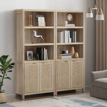 SICOTAS Bookcase 71" Tall Bookshelf 5 Tier Rattan Boho Bookcase With Doors Storage Large Book Case Shelf Farmhouse Bookshelves Library Book Shelves For Living Room Bedroom Home Office Kitchen - Reclaimed Light Oak - View 2