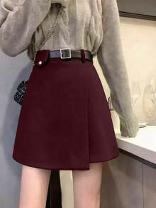 Falda midi de lana de corte asimétrico y cintura alta con diseño de línea A para mujer - Burdeos - Ver 3