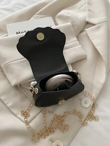 1pc Girls' Solid Color Pearl Chain Decor PU Flap Closure Fashion Crossbody Bag, Suitable For Autumn/Winter Everyday Use - Black - View 6