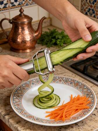 1PC Silver Stainless Steel Peeler, A Simple And Practical Stainless Steel Handheld Portable Model, Equipped With An Anti Slip Handle And A Three Bladed Blade For Precise Cutting Details. It Is A Versatile Fruit And Vegetable Peeler For Household And Commercial Use, With Functions Of Peeling, Shredding, And Slicing, Efficient Meal Preparation, And Access To Fruits And Vegetables.