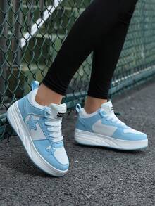 Teenagers' Dual-Row Roller Skates, Multi-Functional Detachable Outdoor Activity Roller Shoes - Mint Blue - View 1