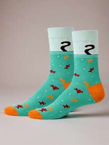 1双男士休闲袜，创意黑猫鱼图案，新奇有趣，中筒袜，透气舒适，完美礼物 - 彩色 - 查看 1