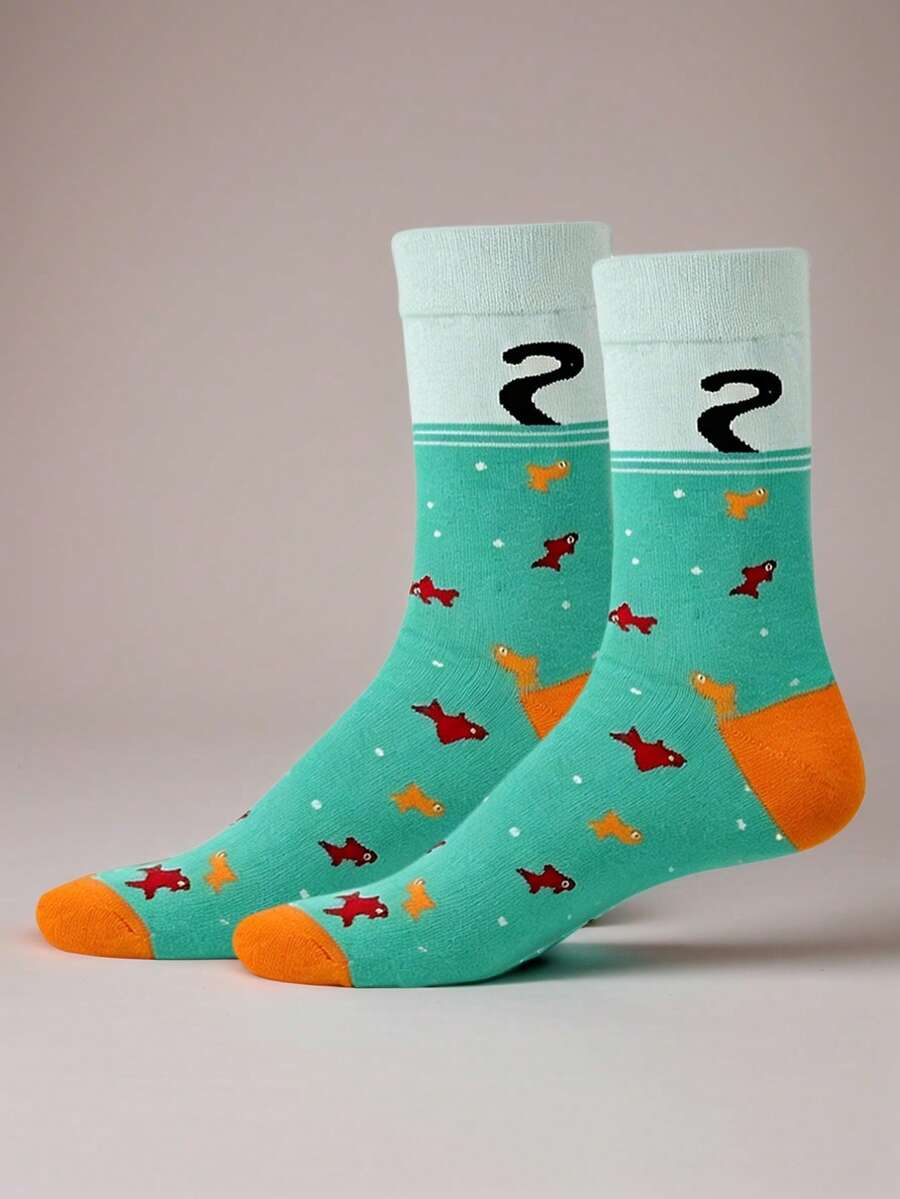 1双男士休闲袜，创意黑猫鱼图案，新奇有趣，中筒袜，透气舒适，完美礼物 - 彩色 - 查看 1