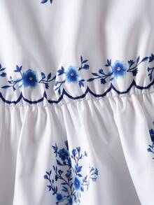 2pcs/Set Young Girl' Floral Ruffle Hem Blouse & Straight Leg Casual Pants Set, Spring/Summer - Blue and White - View 6